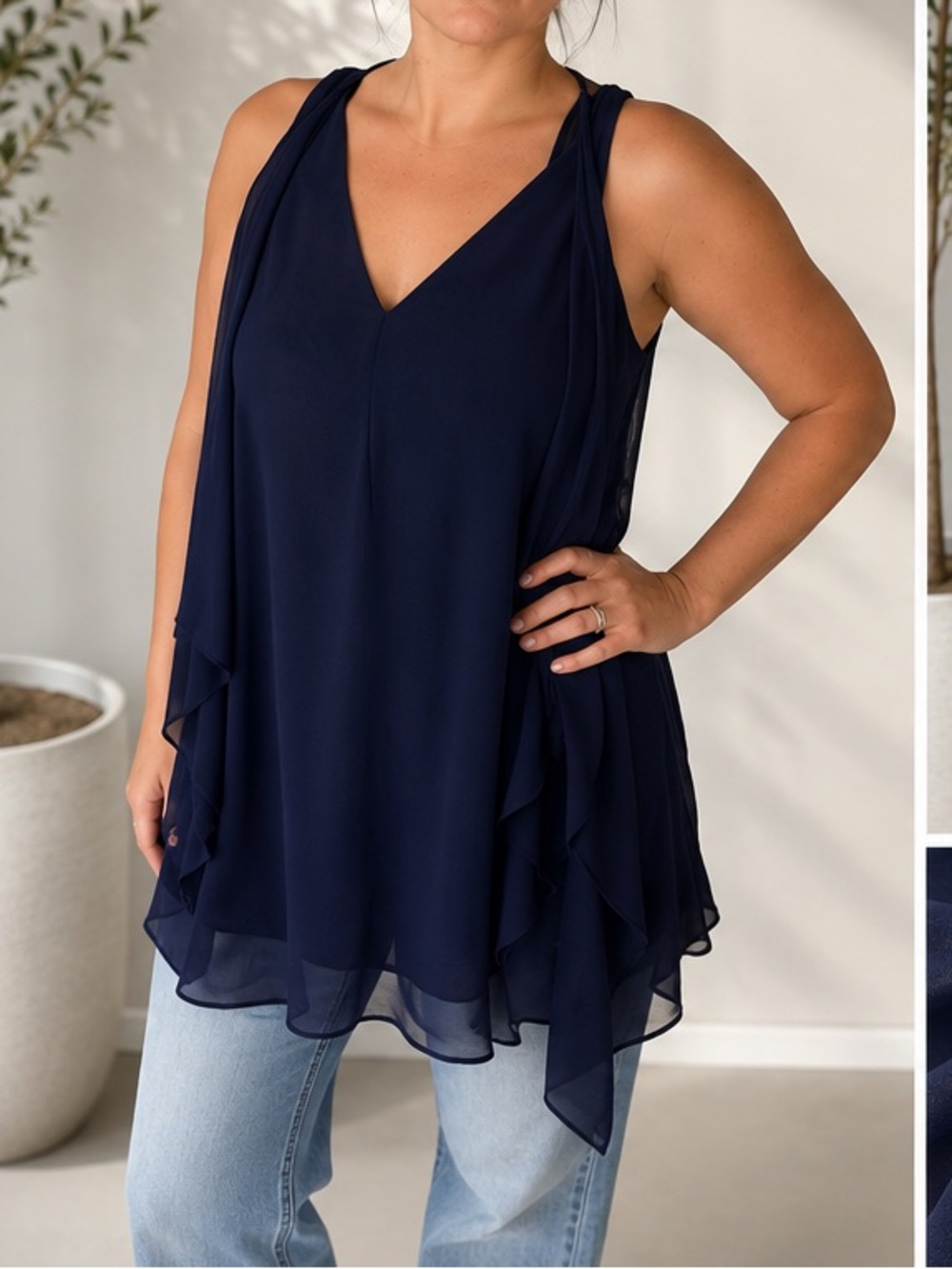 White House Black Market Navy Layered Chiffon V-Neck Tank